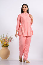 Morchari Co Ord Set With Hand Embroidery - Peach | Grocsy