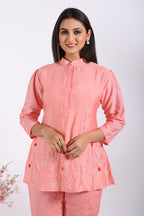 Morchari Co Ord Set With Hand Embroidery - Peach | Grocsy