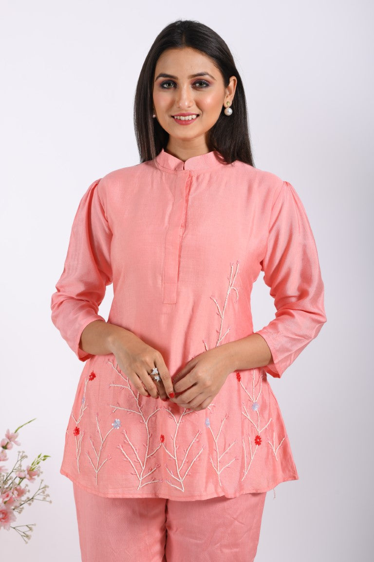 Morchari Co Ord Set With Hand Embroidery - Peach | Grocsy