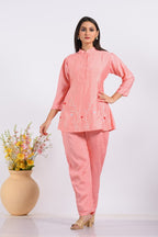 Morchari Co Ord Set With Hand Embroidery - Peach | Grocsy