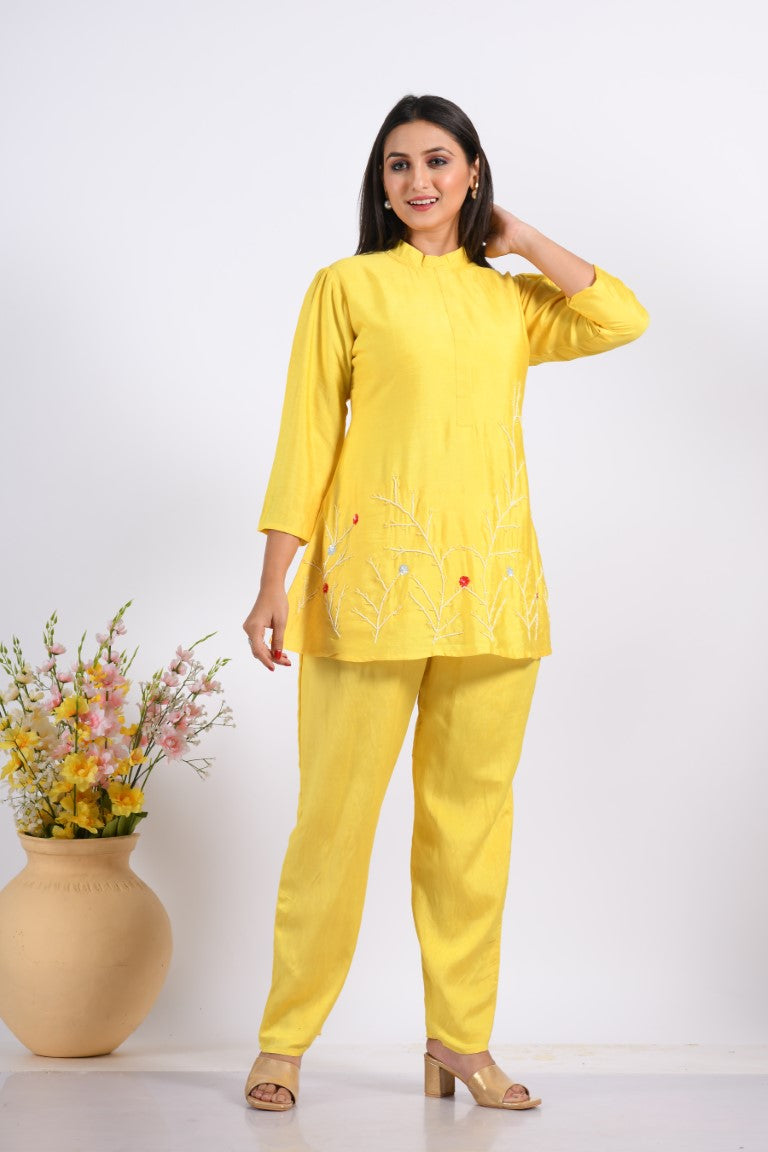 Morchari Co Ord Set With Hand Embroidery - Yellow | Grocsy