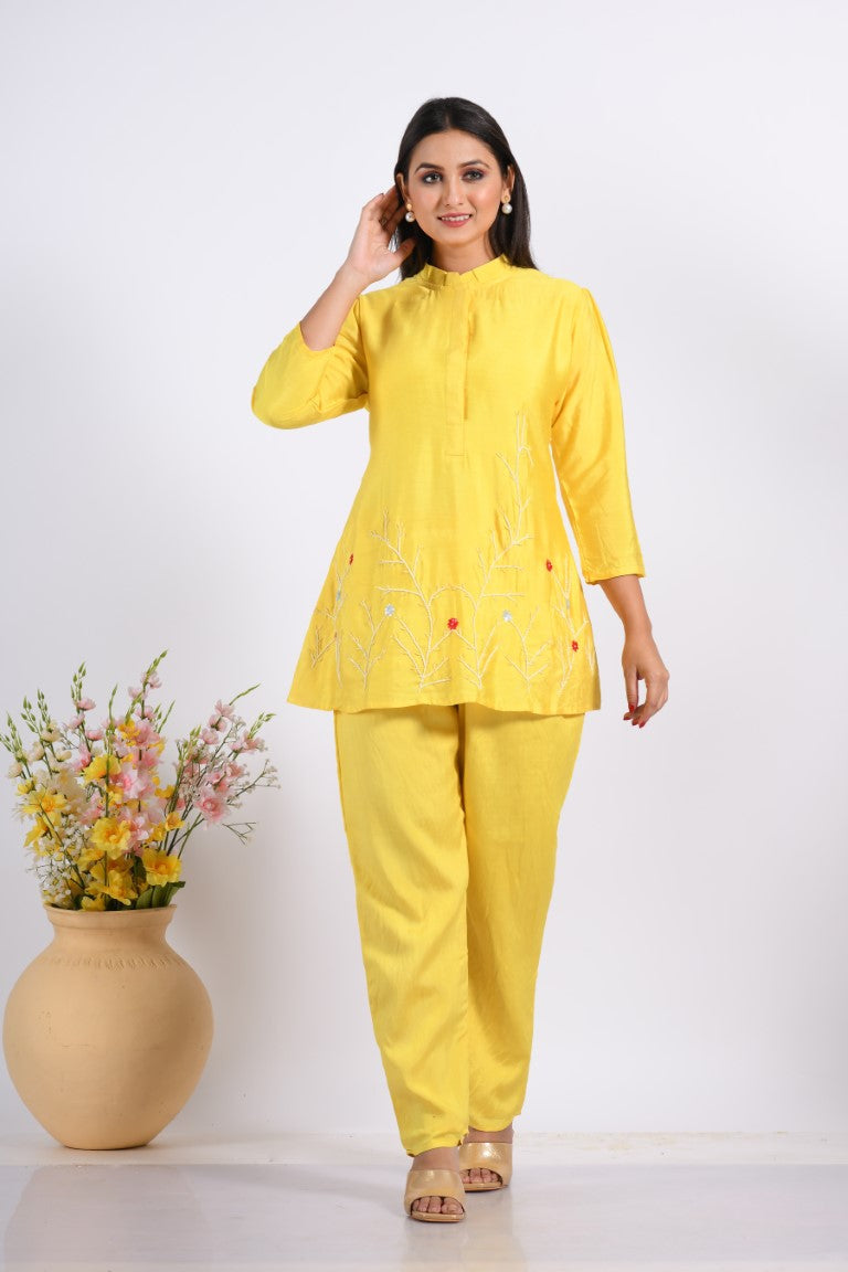 Morchari Co Ord Set With Hand Embroidery - Yellow | Grocsy