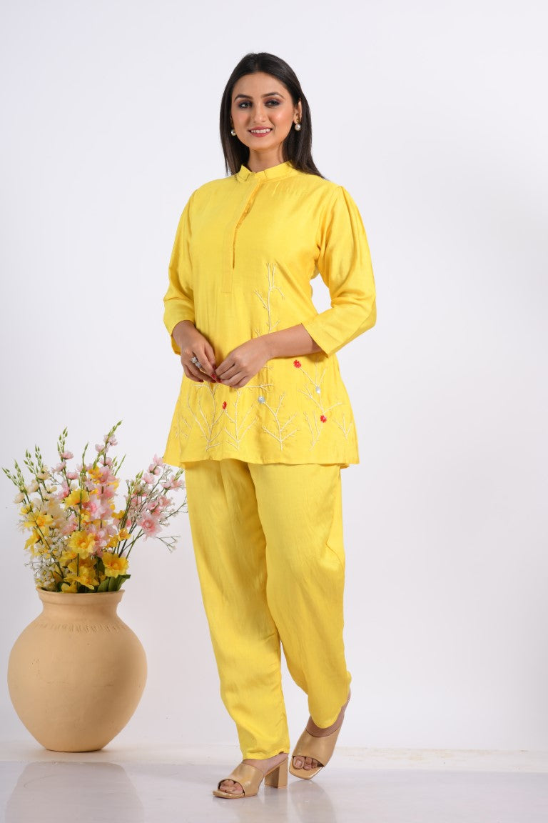 Morchari Co Ord Set With Hand Embroidery - Yellow | Grocsy