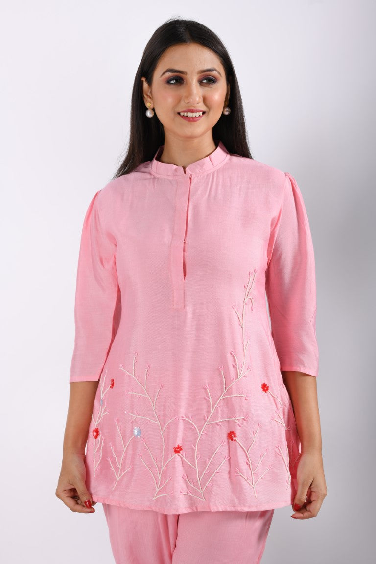 Morchari Co Ord Set With Hand Embroidery - Pink | Grocsy