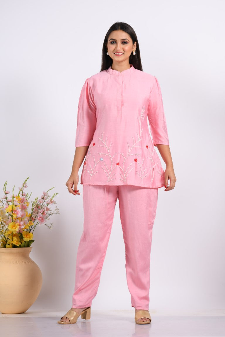 Morchari Co Ord Set With Hand Embroidery - Pink | Grocsy