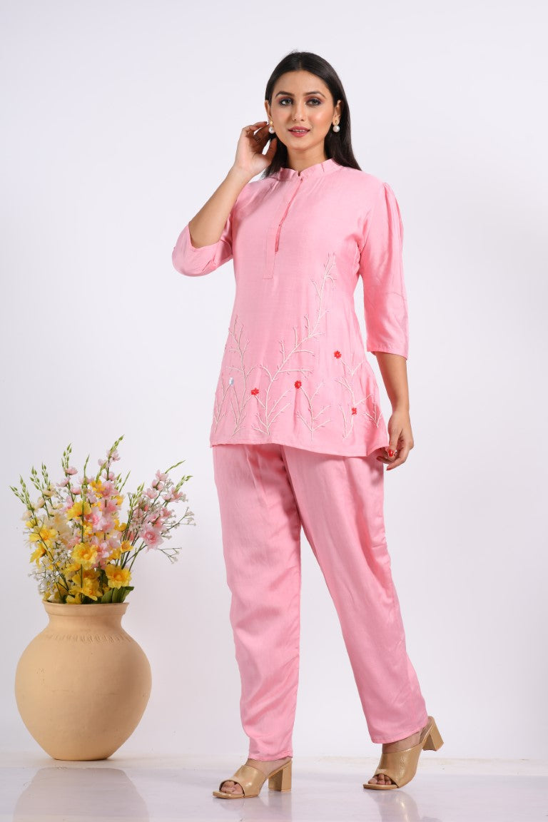 Morchari Co Ord Set With Hand Embroidery - Pink | Grocsy