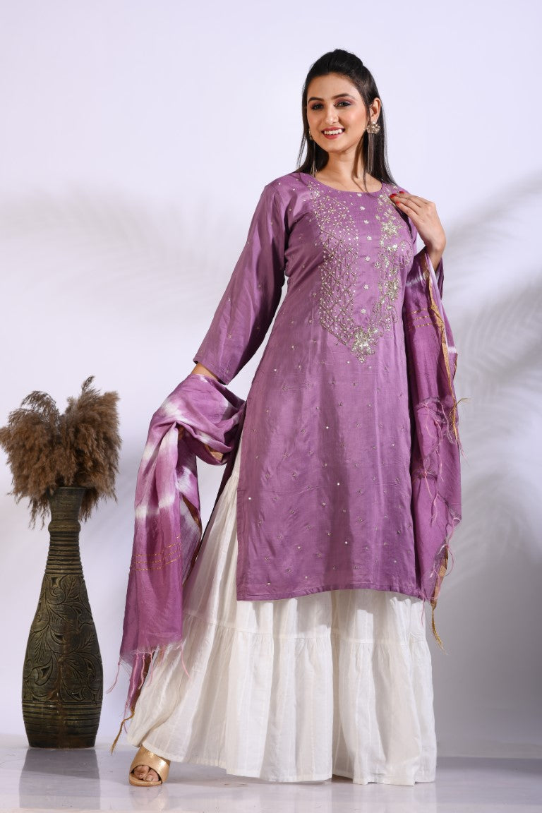 Morchari Palazzo With Long Pant & Dupatta With Hand Embroidery - Purple | Grocsy