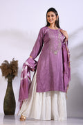 Morchari Palazzo With Long Pant & Dupatta With Hand Embroidery - Purple | Grocsy