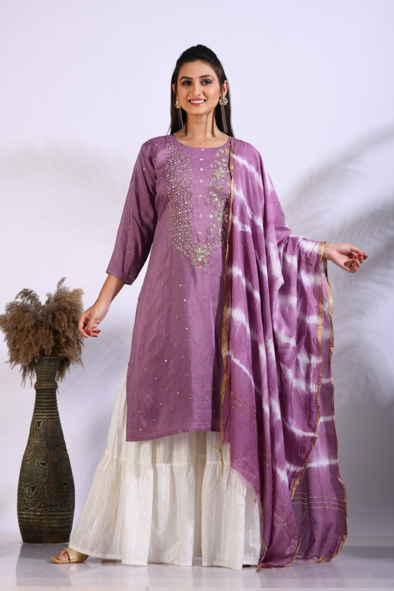 Morchari Palazzo With Long Pant & Dupatta With Hand Embroidery - Purple | Grocsy