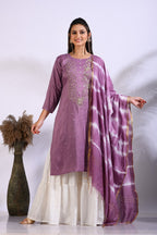 Morchari Palazzo With Long Pant & Dupatta With Hand Embroidery - Purple | Grocsy