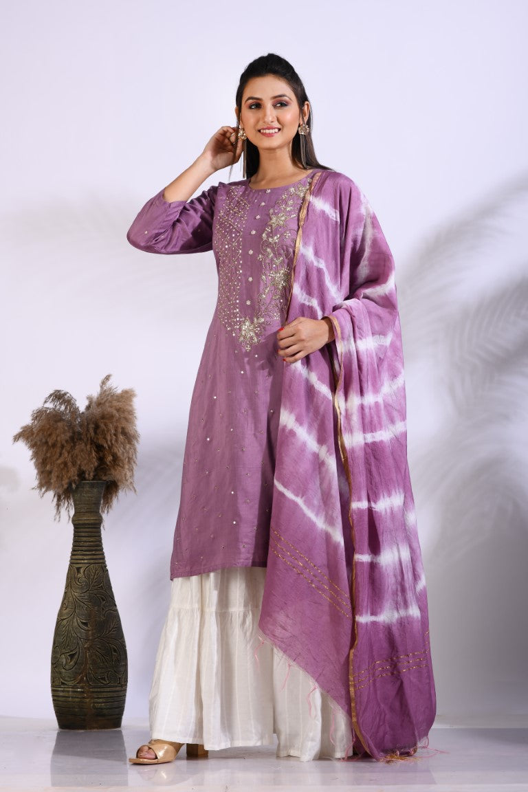 Morchari Palazzo With Long Pant & Dupatta With Hand Embroidery - Purple | Grocsy