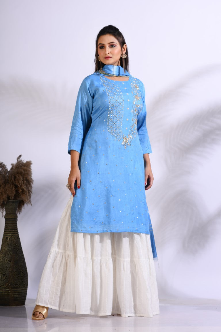 Morchari Palazzo With Long Pant & Dupatta With Hand Embroidery - Blue | Grocsy