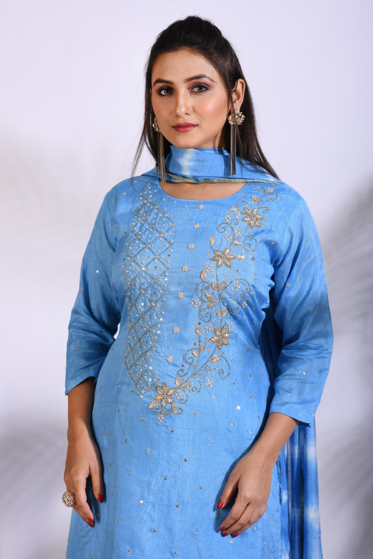 Morchari Palazzo With Long Pant & Dupatta With Hand Embroidery - Blue | Grocsy