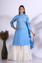 Morchari Palazzo With Long Pant & Dupatta With Hand Embroidery - Blue | Grocsy