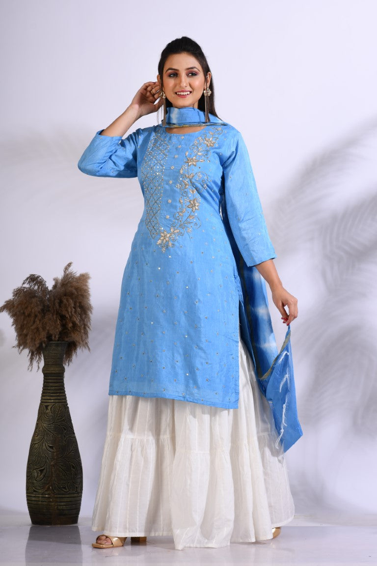 Morchari Palazzo With Long Pant & Dupatta With Hand Embroidery - Blue | Grocsy