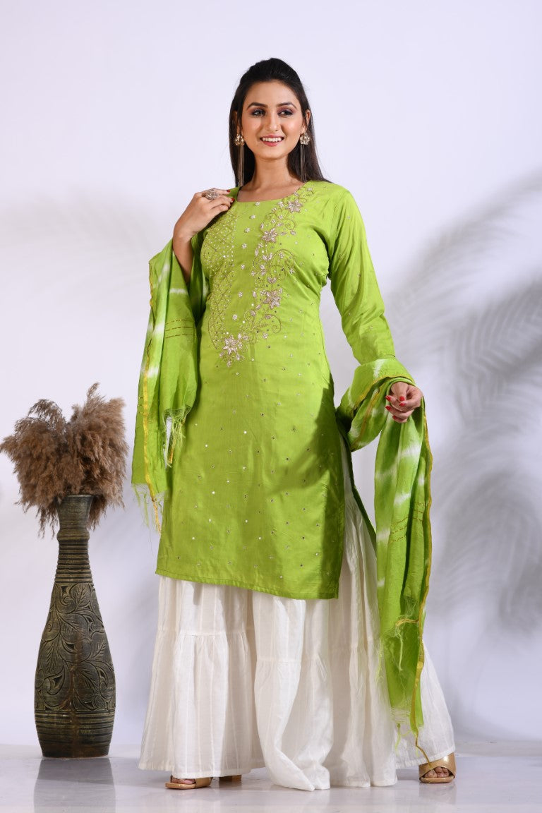 Morchari Palazzo With Long Pant & Dupatta With Hand Embroidery - Green | Grocsy