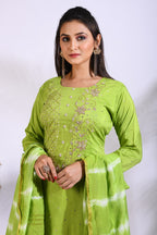 Morchari Palazzo With Long Pant & Dupatta With Hand Embroidery - Green | Grocsy