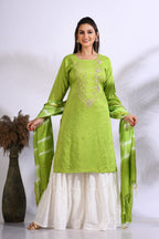 Morchari Palazzo With Long Pant & Dupatta With Hand Embroidery - Green | Grocsy