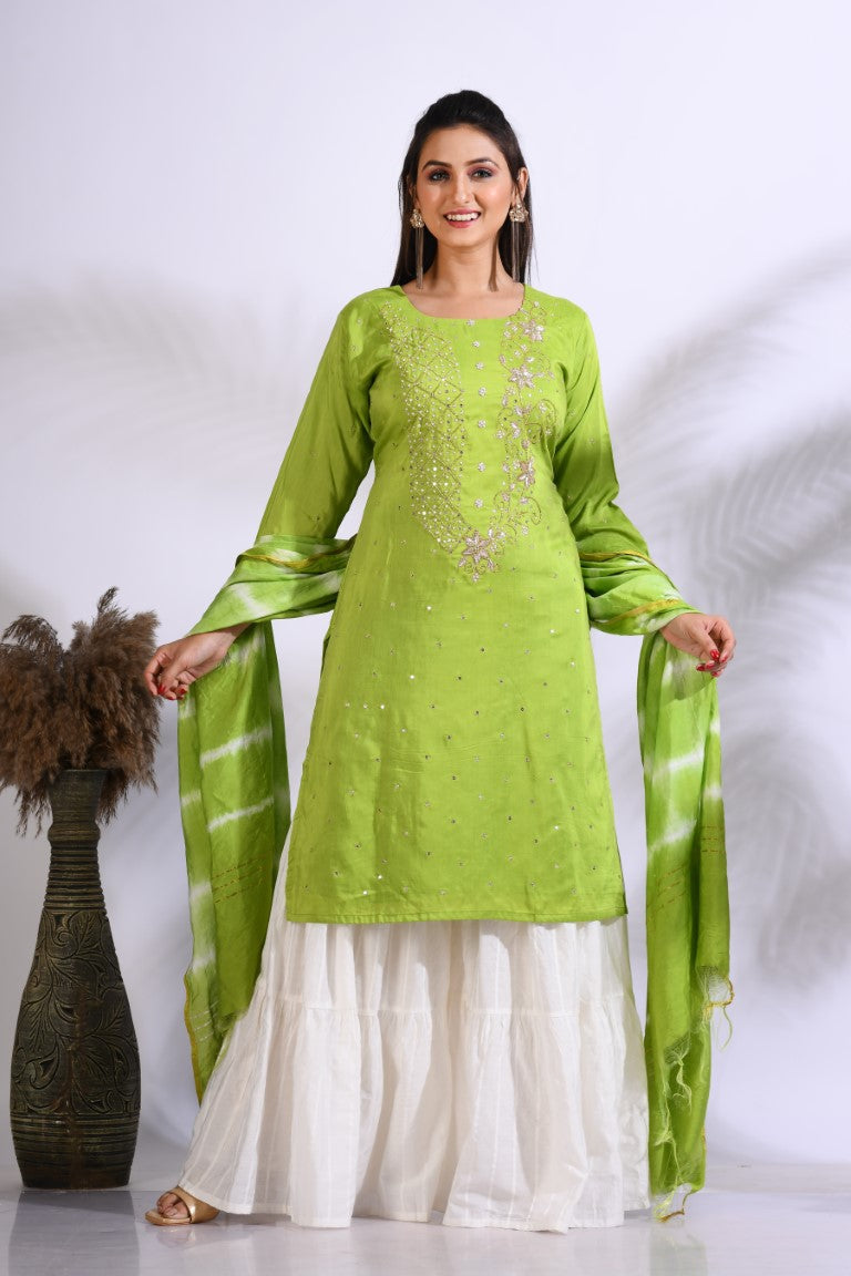 Morchari Palazzo With Long Pant & Dupatta With Hand Embroidery - Green | Grocsy