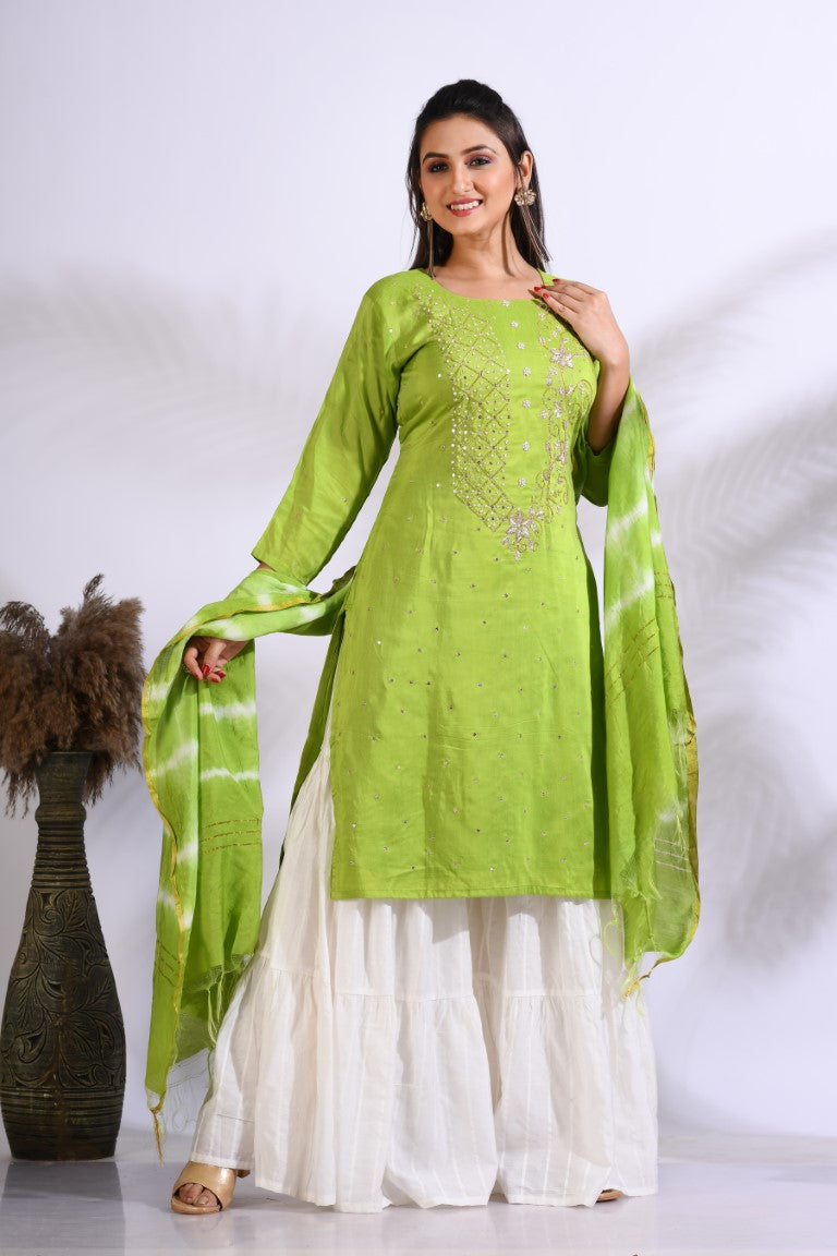 Morchari Palazzo With Long Pant & Dupatta With Hand Embroidery - Green | Grocsy