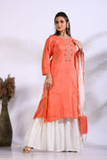 Morchari Palazzo With Long Pant & Dupatta With Hand Embroidery - Peach | Grocsy