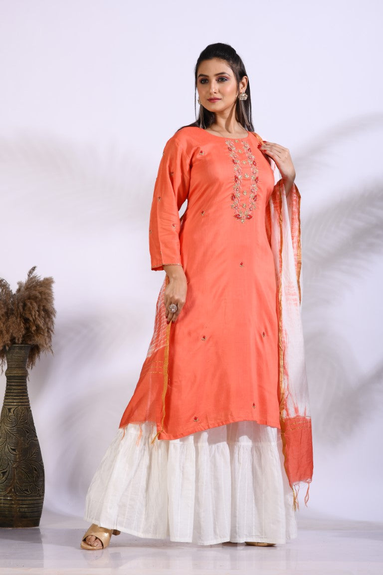 Morchari Palazzo With Long Pant & Dupatta With Hand Embroidery - Peach | Grocsy