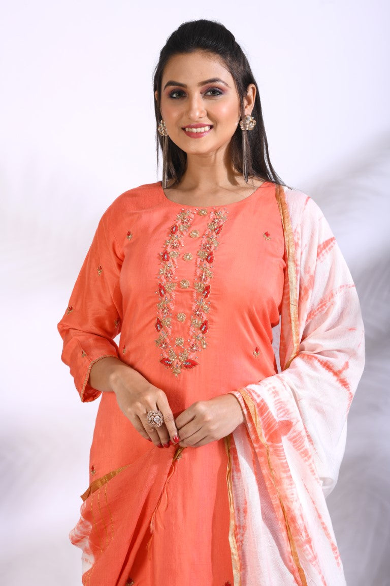Morchari Palazzo With Long Pant & Dupatta With Hand Embroidery - Peach | Grocsy