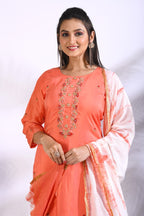 Morchari Palazzo With Long Pant & Dupatta With Hand Embroidery - Peach | Grocsy