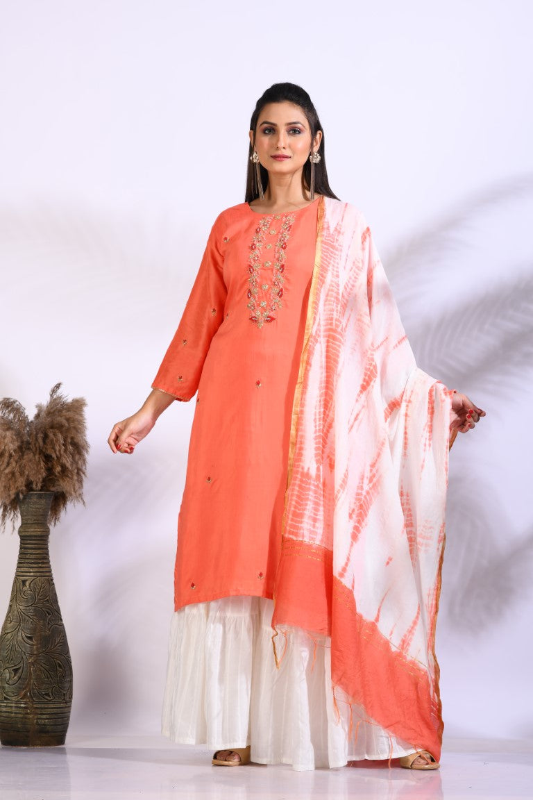 Morchari Palazzo With Long Pant & Dupatta With Hand Embroidery - Peach | Grocsy