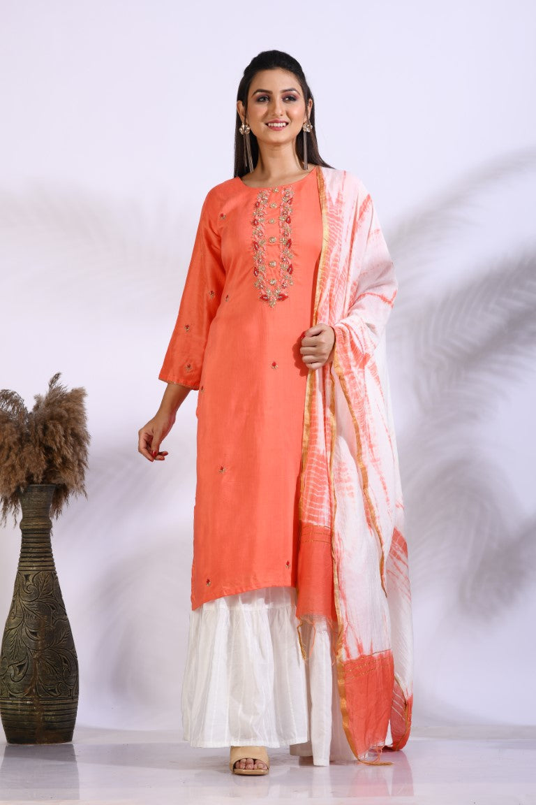 Morchari Palazzo With Long Pant & Dupatta With Hand Embroidery - Peach | Grocsy
