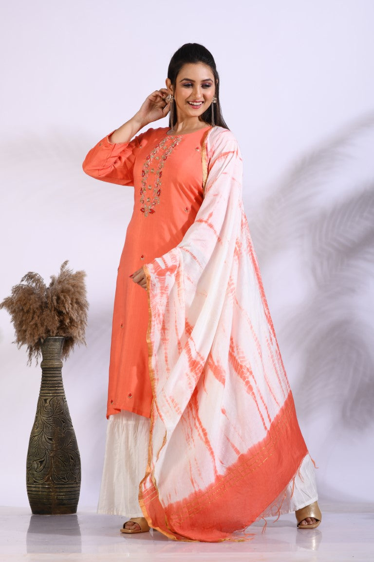 Morchari Palazzo With Long Pant & Dupatta With Hand Embroidery - Peach | Grocsy