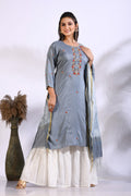 Morchari Palazzo With Long Pant & Dupatta With Hand Embroidery - Grey | Grocsy