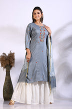 Morchari Palazzo With Long Pant & Dupatta With Hand Embroidery - Grey | Grocsy