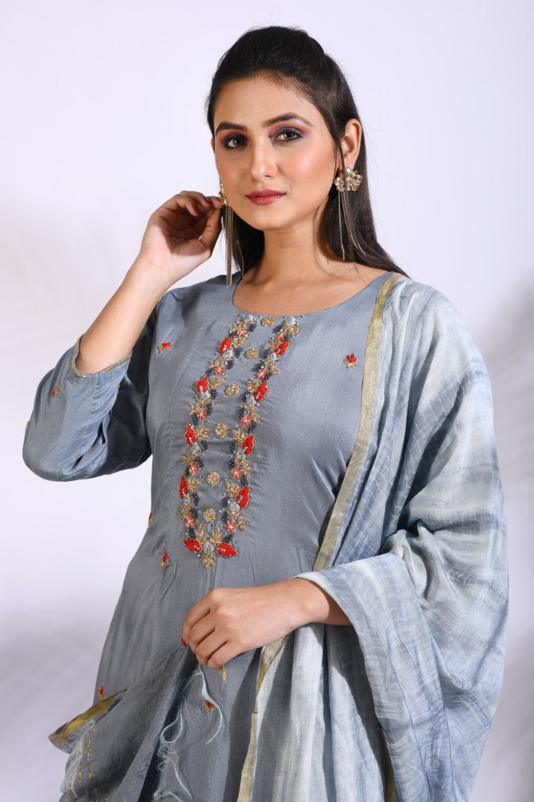 Morchari Palazzo With Long Pant & Dupatta With Hand Embroidery - Grey | Grocsy