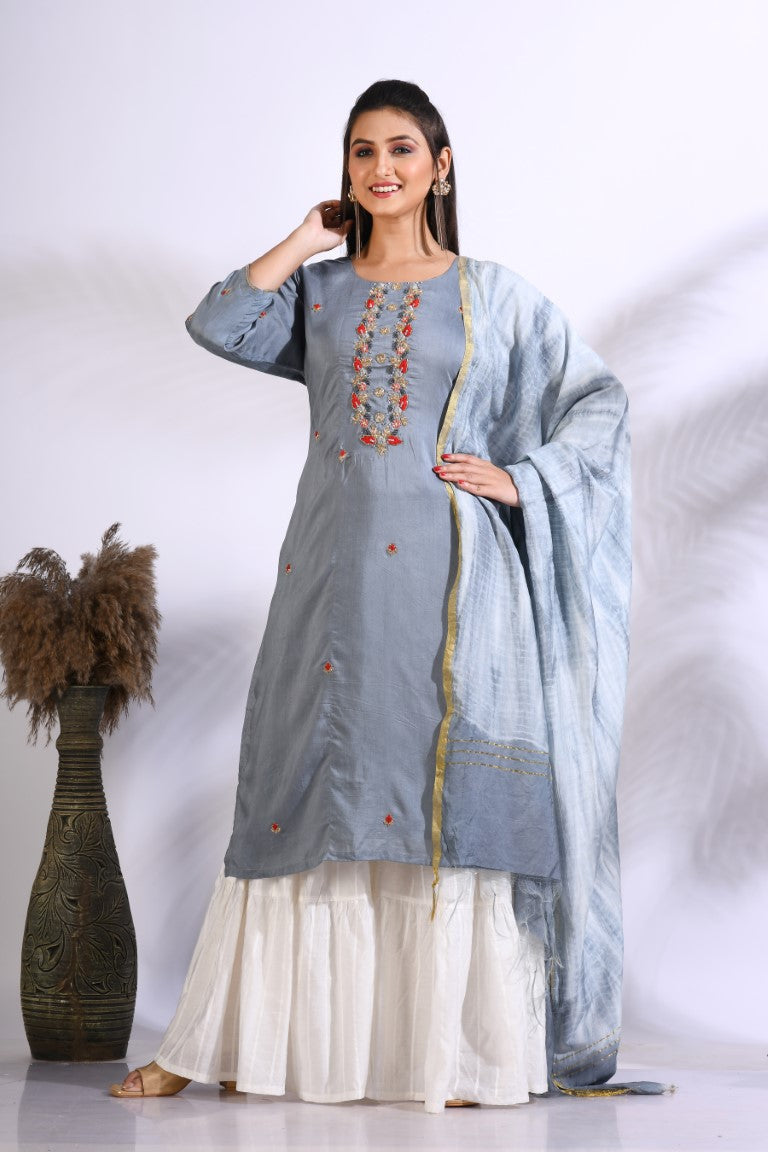 Morchari Palazzo With Long Pant & Dupatta With Hand Embroidery - Grey | Grocsy