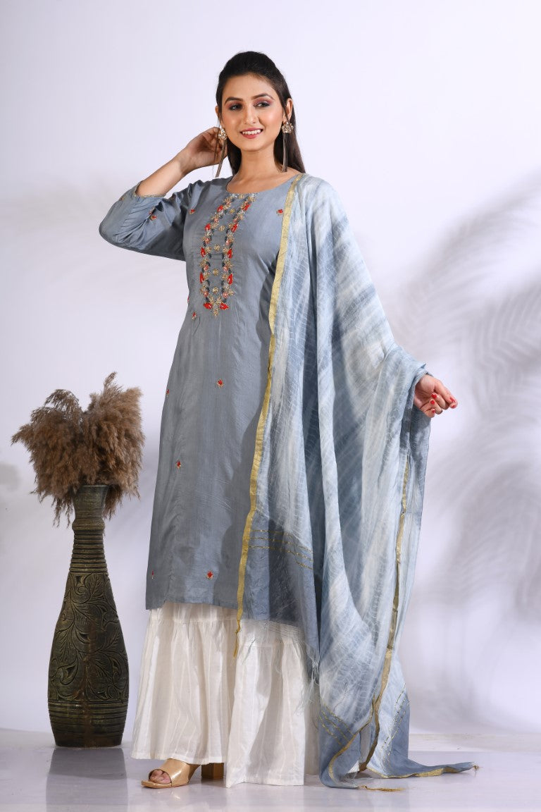 Morchari Palazzo With Long Pant & Dupatta With Hand Embroidery - Grey | Grocsy