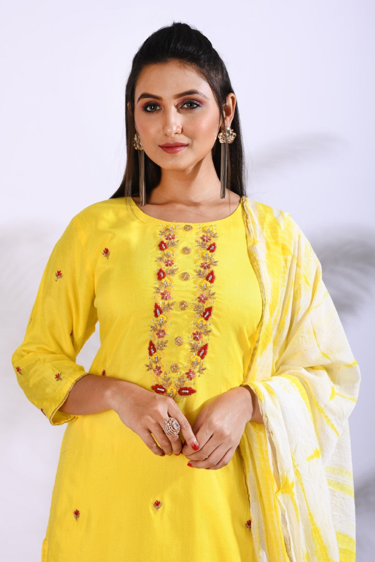 Morchari Palazzo With Long Pant & Dupatta With Hand Embroidery - Yellow | Grocsy