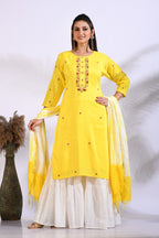 Morchari Palazzo With Long Pant & Dupatta With Hand Embroidery - Yellow | Grocsy