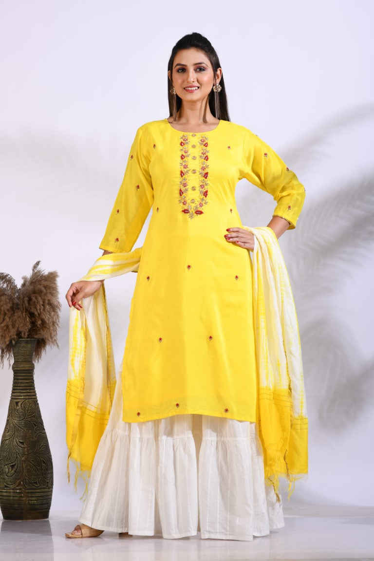 Morchari Palazzo With Long Pant & Dupatta With Hand Embroidery - Yellow | Grocsy