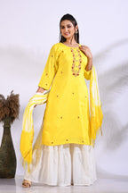 Morchari Palazzo With Long Pant & Dupatta With Hand Embroidery - Yellow | Grocsy