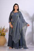 Morchari Palazzo With Long Pant & Dupatta With Hand Embroidery - Grey | Grocsy