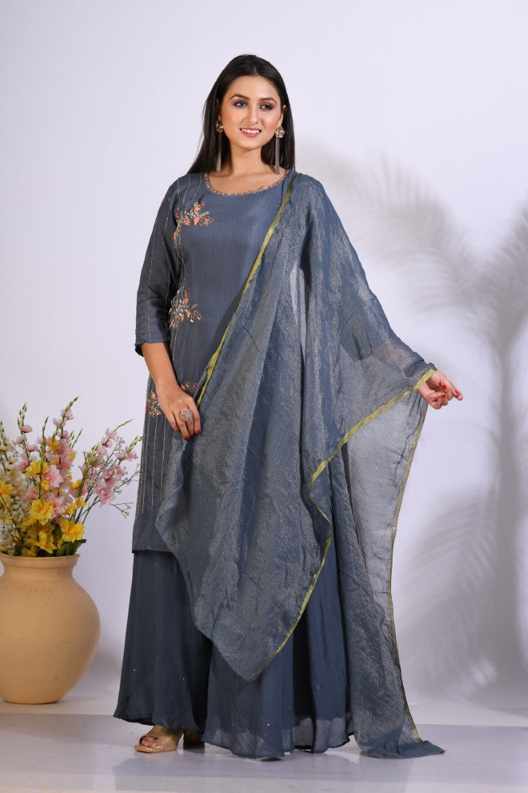 Morchari Palazzo With Long Pant & Dupatta With Hand Embroidery - Grey | Grocsy
