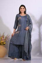 Morchari Palazzo With Long Pant & Dupatta With Hand Embroidery - Grey | Grocsy