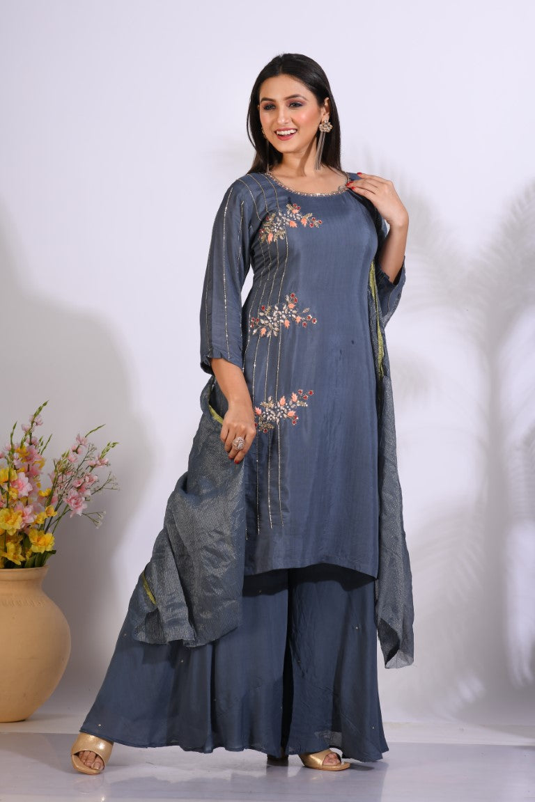 Morchari Palazzo With Long Pant & Dupatta With Hand Embroidery - Grey | Grocsy