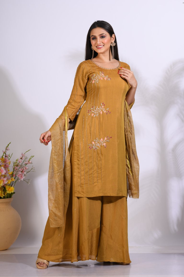 Morchari Palazzo With Long Pant & Dupatta With Hand Embroidery - Mehadi | Grocsy