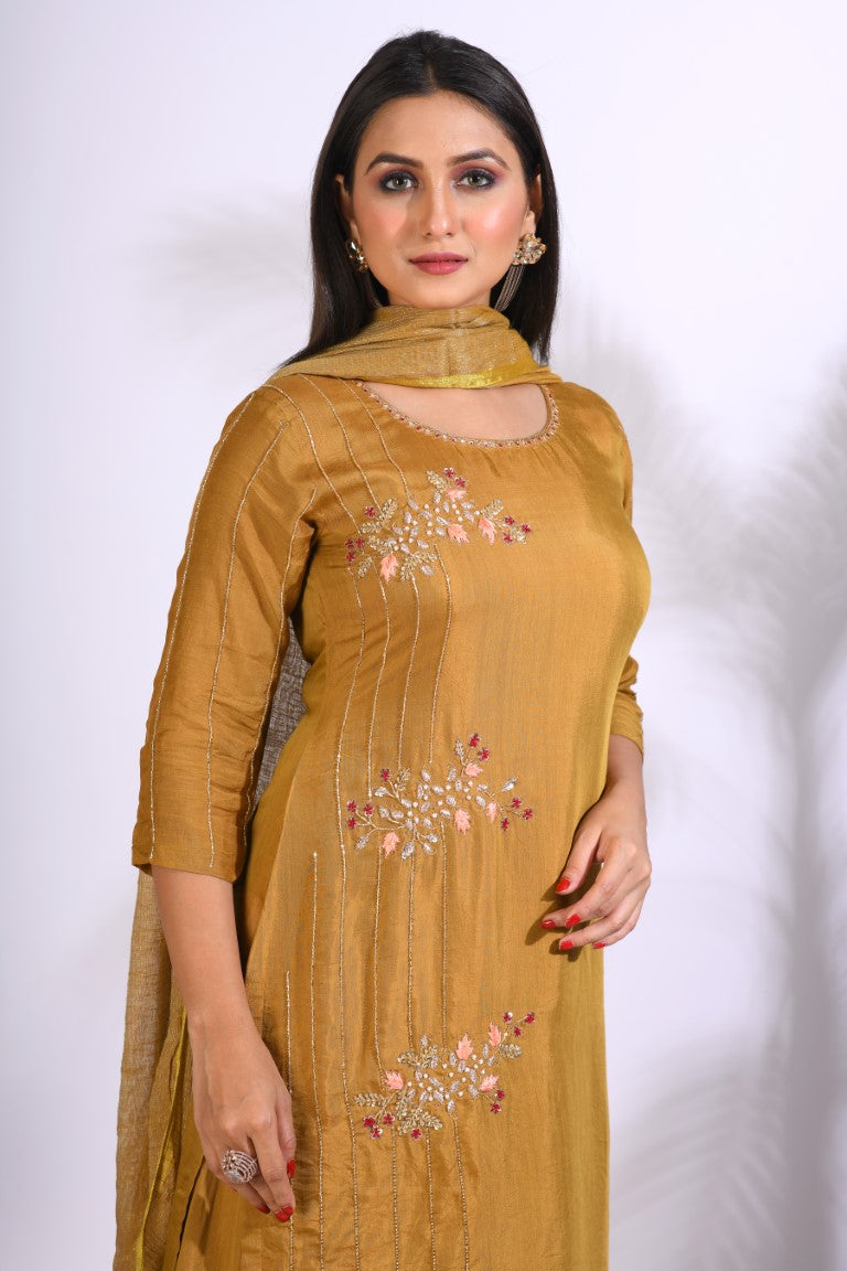 Morchari Palazzo With Long Pant & Dupatta With Hand Embroidery - Mehadi | Grocsy
