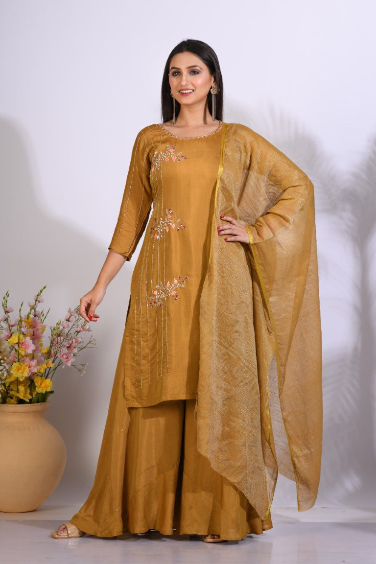 Morchari Palazzo With Long Pant & Dupatta With Hand Embroidery - Mehadi | Grocsy