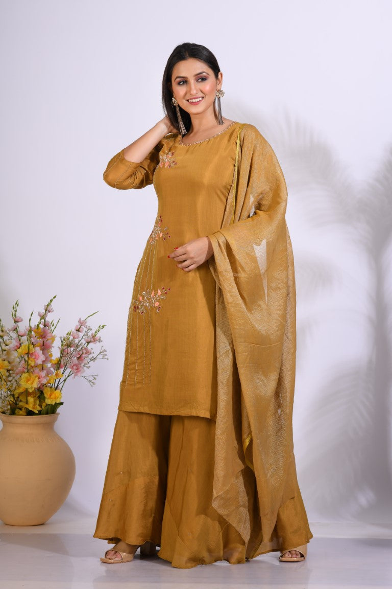 Morchari Palazzo With Long Pant & Dupatta With Hand Embroidery - Mehadi | Grocsy