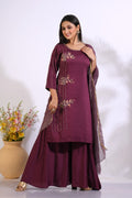 Morchari Palazzo With Long Pant & Dupatta With Hand Embroidery - Maroon | Grocsy