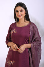 Morchari Palazzo With Long Pant & Dupatta With Hand Embroidery - Maroon | Grocsy